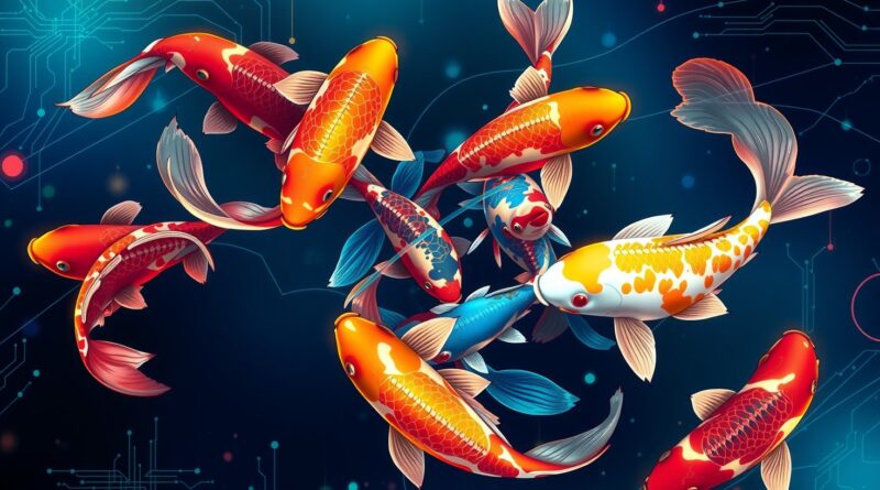 Kolorowe, stylizowane koi w dynamicznej formacji, symbolizujące zespołową inteligencję AI Sakana, przełamującą bariery LLM.