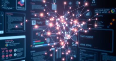 Abstrakcyjna AI w GUI: świetliste sieci neuronowe na minimalistycznym interfejsie, interakcja, futurystyczna wizja.