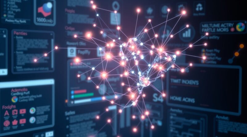 Abstrakcyjna AI w GUI: świetliste sieci neuronowe na minimalistycznym interfejsie, interakcja, futurystyczna wizja.