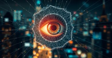 Świecące oko AI oplecione cyfrową pajęczyną na tle zamazanego miasta danych. Ostrzeżenie.