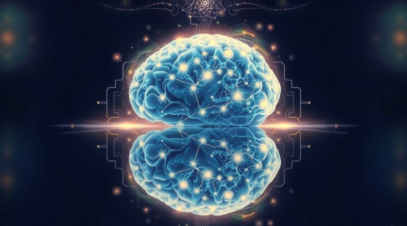 Świecący mózg z obwodami, odbity w uproszczonym rysunku, symbolizuje samodoskonalenie LLM poprzez iteracje.