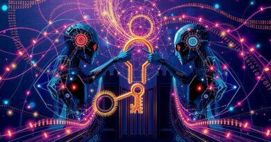 Abstrakcyjne sieci neuronowe AI kują cyfrowy klucz do fortecy, symbolizując cyberzagrożenia i automatyzację ataków.