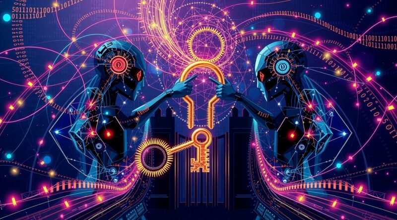 Abstrakcyjne sieci neuronowe AI kują cyfrowy klucz do fortecy, symbolizując cyberzagrożenia i automatyzację ataków.