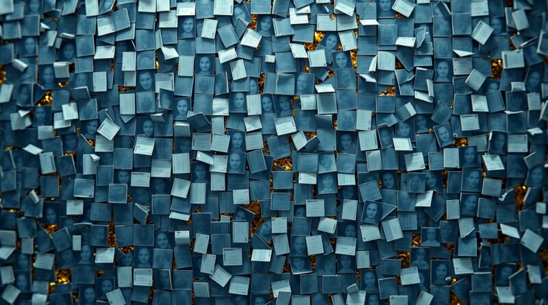 Pofragmentowana mozaika cyfrowego tłumu oznaczona danymi; chłodne barwy, przebłyski złota symbolizują utracony potencjał.