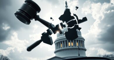 Rozbity młotek symbolizujący stany, kruszący monolityczną sztuczną inteligencję nad Kapitolem USA.