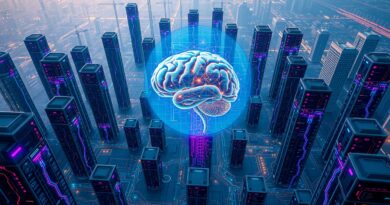 Futurystyczny krajobraz miasta z serwerami MCP, symbolizujący integrację AI z nowoczesną infrastrukturą.