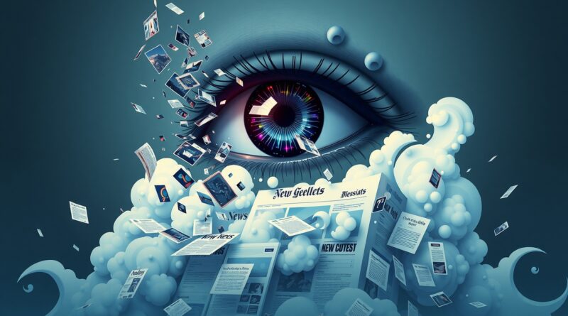 Rozpadająca się strona newsowa w chmurze danych, nad którą czuwa oko AI odbijające algorytmy.