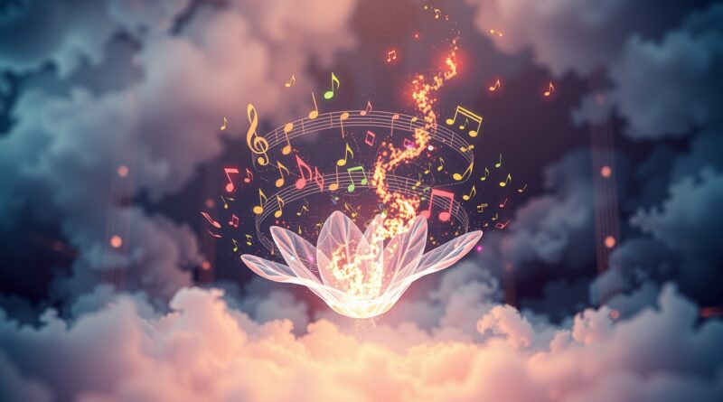 Eteryczna wizja transkrypcji muzyki przez AI: świetlista partytura wypływająca z kwitnącej sieci neuronowej.