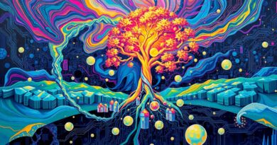 Abstrakcyjna wizja AI dla Web3: wir danych, płytka, fala dźwiękowa i drzewo blockchain.