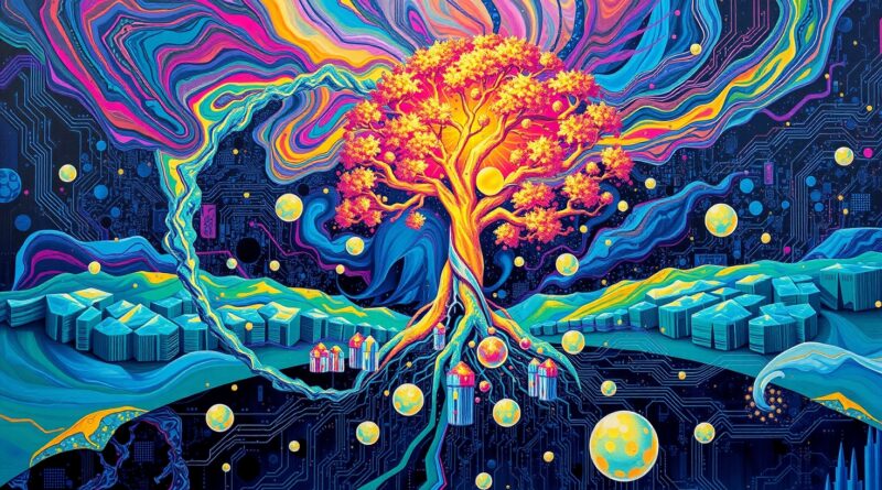 Abstrakcyjna wizja AI dla Web3: wir danych, płytka, fala dźwiękowa i drzewo blockchain.