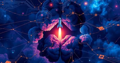 Nebula w kształcie mózgu z obwodami, rakieta SpaceX lecąca do konstelacji "X". Niebiesko-złota tonacja.