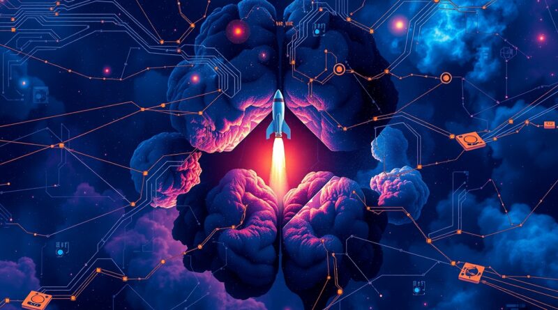 Nebula w kształcie mózgu z obwodami, rakieta SpaceX lecąca do konstelacji "X". Niebiesko-złota tonacja.