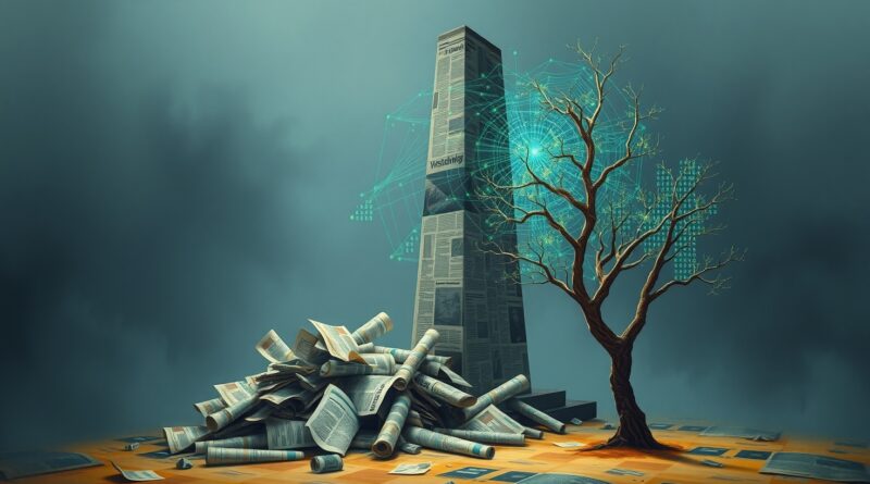 Kruszejący obelisk gazet pochłaniany przez pulsującą, cyfrową sieć neuronową AI, symbolizujący upadek tradycyjnych mediów.
