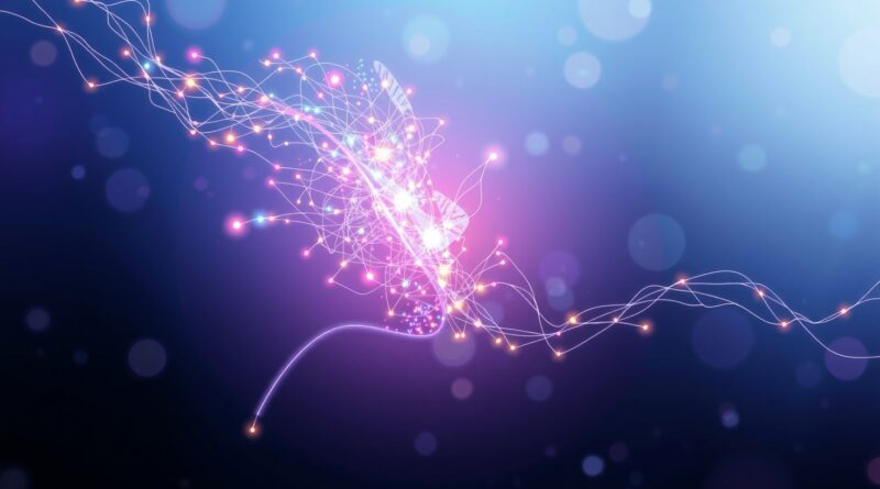 Dynamiczne sieci światła emanujące z krtani, symbolizujące SpeechSSM: generowanie mowy bez ograniczeń.