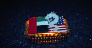 Futurystyczny mikrochip z flagami ZEA i USA. Ukryty chiński smok. Obawy o transfer technologii.