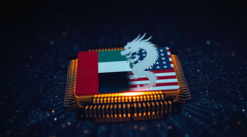 Futurystyczny mikrochip z flagami ZEA i USA. Ukryty chiński smok. Obawy o transfer technologii.