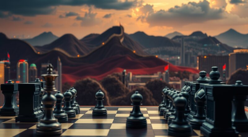 Szachownica z serwerów na tle futurystycznego miasta i Muru Chińskiego, symbol rywalizacji technologicznej.