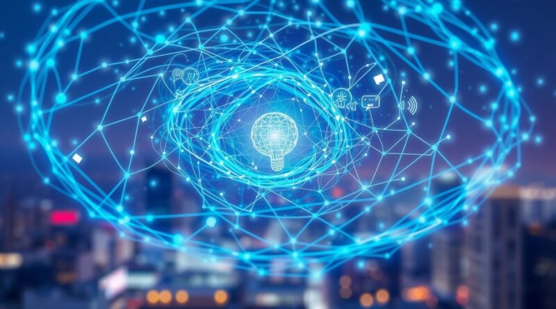 Wirujący wir niebiesko-fioletowych połączeń neuronalnych symbolizuje płynną, inteligentną komunikację wspomaganą AI w call center.