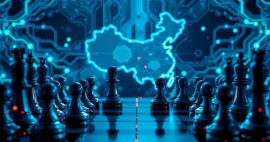 Cyfrowa szachownica z mikroprocesorami i obwodami drukowanymi, symbolizująca rywalizację USA-Chiny w AI.