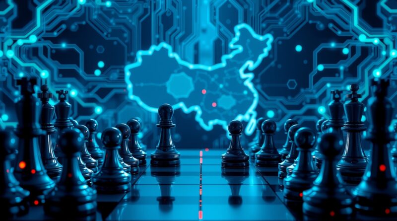 Cyfrowa szachownica z mikroprocesorami i obwodami drukowanymi, symbolizująca rywalizację USA-Chiny w AI.