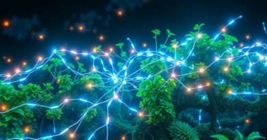 Bioluminescencja sieci neuronowej w bujnej zieleni symbolizuje rolę AI w zrównoważonym klimacie.