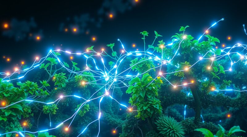 Bioluminescencja sieci neuronowej w bujnej zieleni symbolizuje rolę AI w zrównoważonym klimacie.