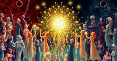 Przeplatające się postacie połączone z siecią neuronową, reprezentujące zróżnicowany wpływ AI na społeczeństwo, od nadziei po zagrożenie.