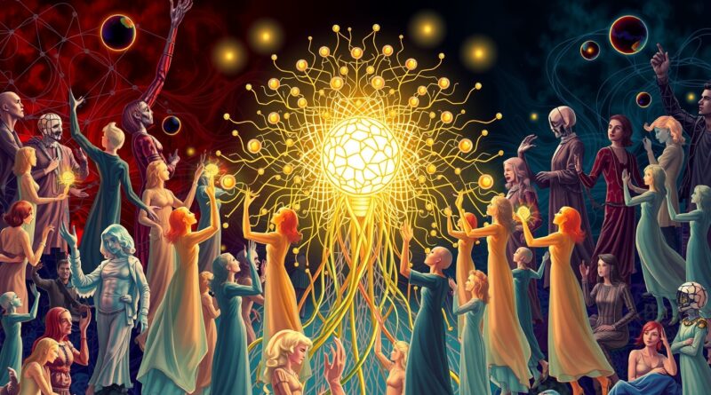 Przeplatające się postacie połączone z siecią neuronową, reprezentujące zróżnicowany wpływ AI na społeczeństwo, od nadziei po zagrożenie.