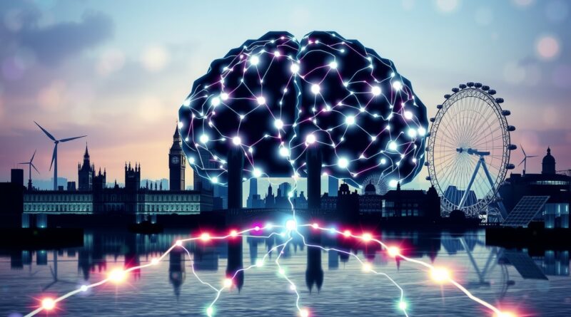 Cyfrowy mózg z węzłami AI na tle Londynu, połączony z energią odnawialną.