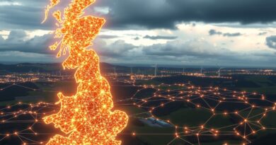 Wielka Brytania z sieci neuronowych pulsujących energią, turbiny wiatrowe, panele słoneczne, burzowe chmury, kryzys energetyczny.