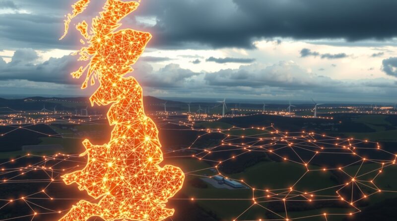 Wielka Brytania z sieci neuronowych pulsujących energią, turbiny wiatrowe, panele słoneczne, burzowe chmury, kryzys energetyczny.