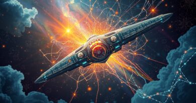 Kosmiczny statek wyłaniający się z mgławicy, spleciony z siecią neuronową. Sztuczna inteligencja w projektowaniu statków.