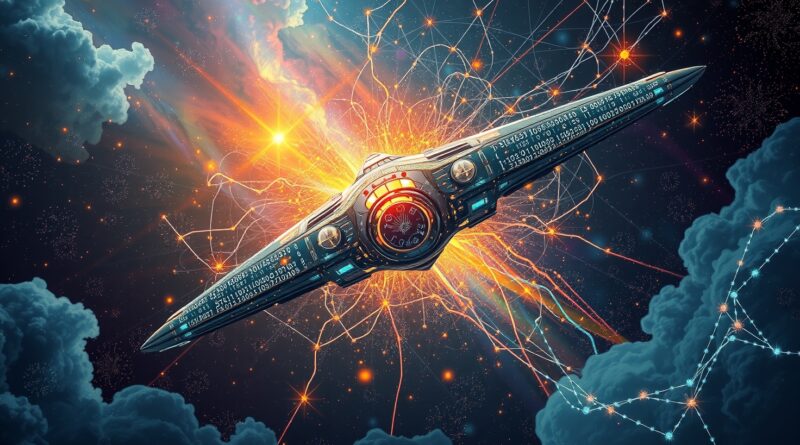 Kosmiczny statek wyłaniający się z mgławicy, spleciony z siecią neuronową. Sztuczna inteligencja w projektowaniu statków.