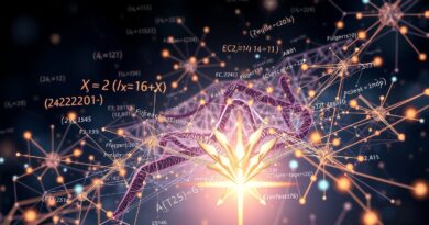 Abstrakcyjne połączenie równań matematycznych i sieci neuronowych w odcieniach błękitu, fioletu i złota. Symbol przełomu naukowego.