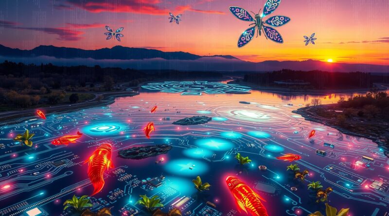 Surrealistyczny krajobraz: rzeka danych w płycie obwodowej, monitorowana przez świetlne satelity. Fuzja natury i technologii.