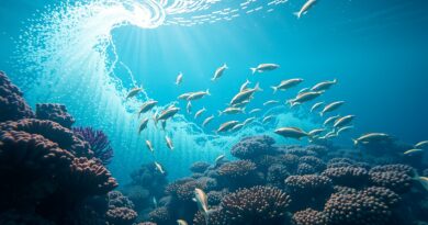 Bioluminescencyjny koralowiec, algorytmicznie poruszająca się ławica ryb, subtelne AI, nadzieja na ochronę oceanów.