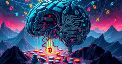 AI korumpuje kryptowalutowy krajobraz cyfrowym rozpadem. Mózg z obwodów i binarnym kodem. Zagrożenie w cyberbezpieczeństwie.