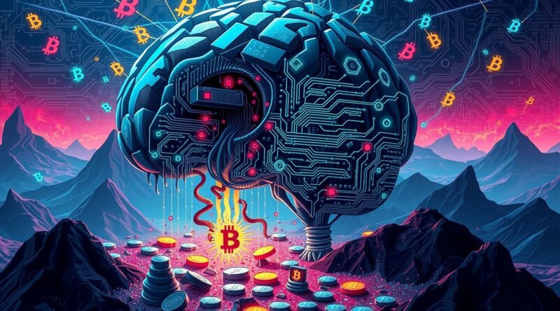AI korumpuje kryptowalutowy krajobraz cyfrowym rozpadem. Mózg z obwodów i binarnym kodem. Zagrożenie w cyberbezpieczeństwie.