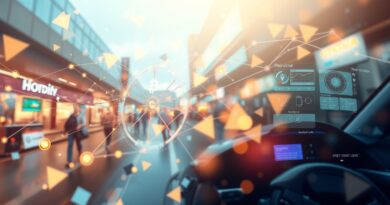 Abstrakcyjna sieć AI spleciona z codziennym życiem: kryptowaluty, medycyna, streaming, autonomiczna jazda. Harmonijna integracja technologii.