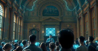 Uniwersytecka aula z subtelną integracją AI; profesor z interfejsem hologramowym, studenci korzystający z AI.