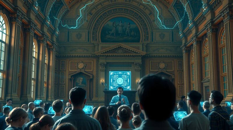 Uniwersytecka aula z subtelną integracją AI; profesor z interfejsem hologramowym, studenci korzystający z AI.