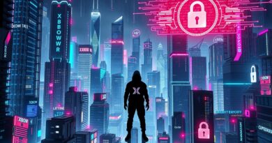 Cyberpunkowa panorama miasta nocą, autonomiczny pentester XBOW na szczycie rankingu bezpieczeństwa.