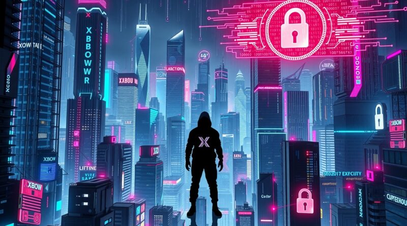 Cyberpunkowa panorama miasta nocą, autonomiczny pentester XBOW na szczycie rankingu bezpieczeństwa.