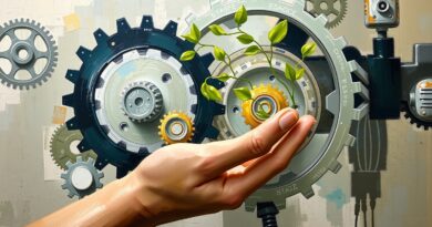 Synergia księgowości i AI: splecione koła zębate i zielone pędy, ludzka dłoń prowadzi cyfrowy rejestr.