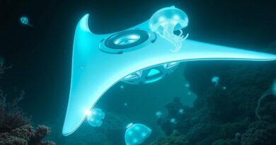 Futurystyczny pojazd podwodny, zainspirowany mantą i meduzą, płynie w bioluminescencyjnej głębinie rafy koralowej. Projekt AI.