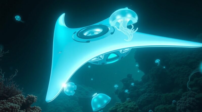 Futurystyczny pojazd podwodny, zainspirowany mantą i meduzą, płynie w bioluminescencyjnej głębinie rafy koralowej. Projekt AI.