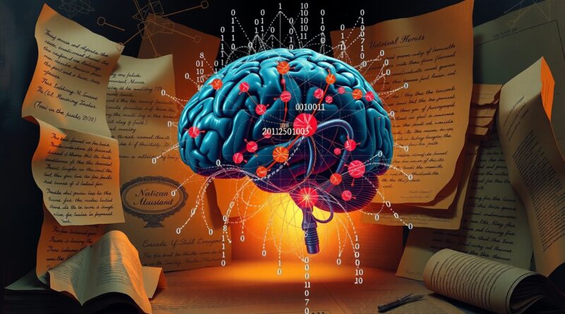 Abstrakcyjny mózg cyfrowy w sieci neuronowej z kodem binarnym, otoczony naukowymi dokumentami, symbolizuje weryfikację nauki przez AI.