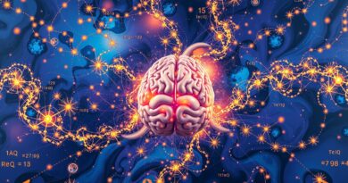 Wirująca galaktyka neuronowych sieci splata się z mózgiem. Synteza AI i praw fizyki w palecie błękitów i oranży.