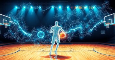 Analiza faulu koszykarskiego przez AI: futurystyczna wizualizacja danych, obiektywny osąd, precyzja, rewolucja w szkoleniu.