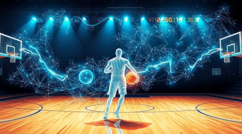 Analiza faulu koszykarskiego przez AI: futurystyczna wizualizacja danych, obiektywny osąd, precyzja, rewolucja w szkoleniu.